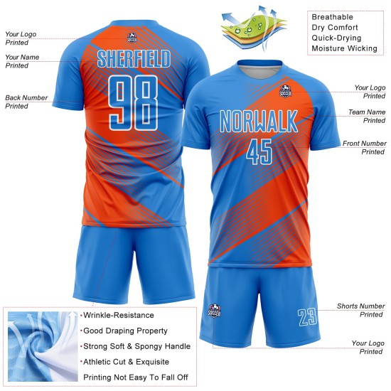 Benutzerdefinierte Pulver Orange-Weiß Uniform Blau Sublimation Jersey Fußball Linie
